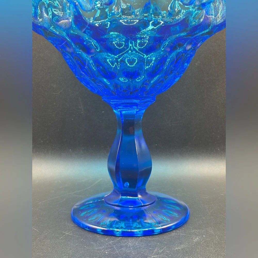 Vintage Fenton Blue Ruffle Thumbprint Glass Pedestal Candy Dish Compote Tazza